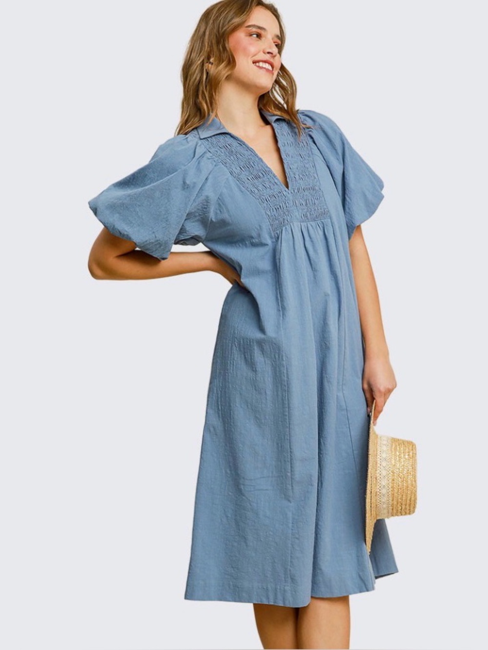 Umgee Smocked Front Yoke Midi Dress